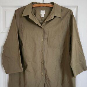 Chico’s No-Iron Pleat-Back 3/4 Sleeve Olive Green Button Front Shirt Size 2